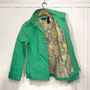 DKNY Jeans Cotton Field Jacket Kelly Green Button Front Floral Lining Size Small